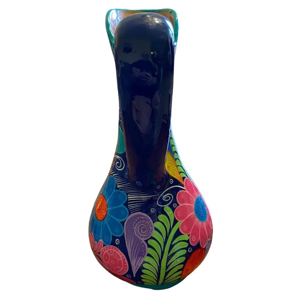 Terracotta hand-painted floral‎ jug bright boho unique clay flowers, Mexican